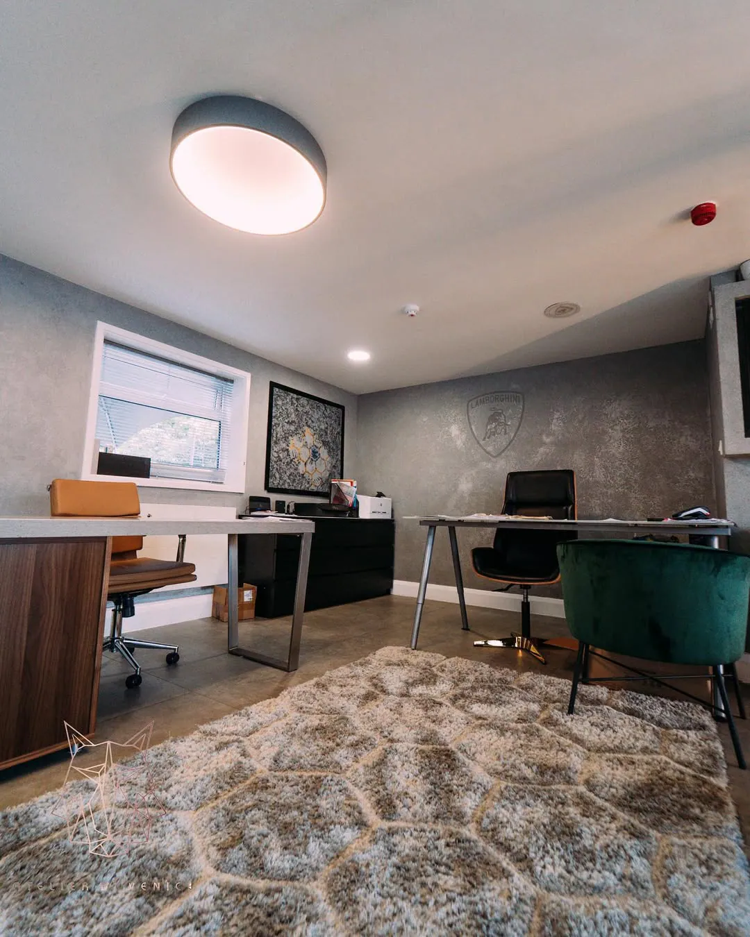 Office with a textured grey wall, a timber desk, green chairs and a patterned rug